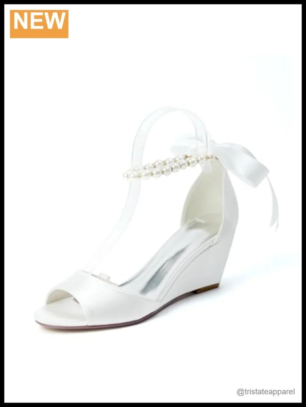 Pearl Satin Wedge Sandal Peep Toe Ankle Strap Low Heel Bridal Prom